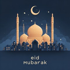vector flat design of an islamic mosque with a crescent moon and stars, text "eid mubarak" on a dark blue background, Generative AI.