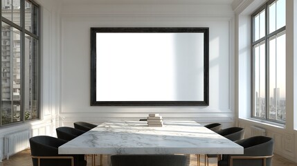 white wall with black frame mockup in a classic boardroom, large table, marble floor, white walls, classical architecture, natural light, Generative AI.