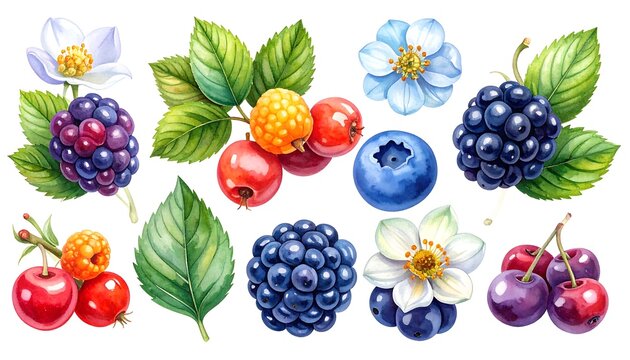 Watercolor painting of various ripe berries and flowers. Detailed illustration of blackberries, raspberries, blueberries, and cherries with green leaves