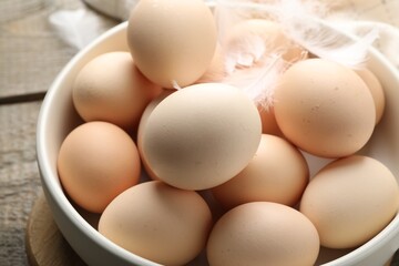 Raw chicken eggs and feathers in bowl on table, closeup