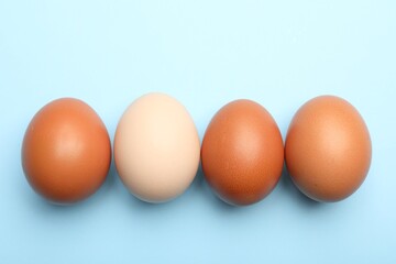 Fresh chicken eggs on light blue background, top view