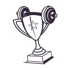 Fitness Award Trophy Icon with Barbell. Gym Success and Weightlifting Victory Vector