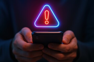 User with Smartphone Displays Warning Icon in Neon Colors Signifying Alert for Attention in Digital Era