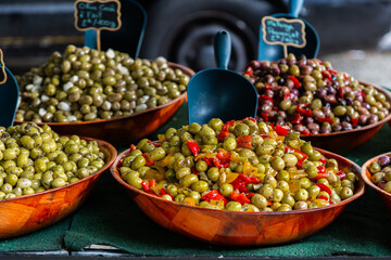 Olive selection on sale at a weekly market in the South of France