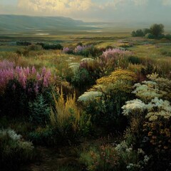 Colorful Meadow Landscape With Blooming Flowers