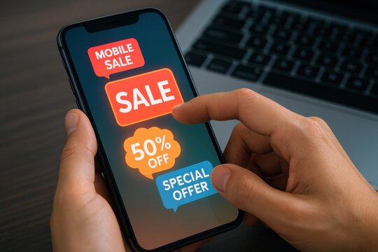 Promotional Mobile Sale Discounts on Smartphone with Colorful Sale Banners and Discount Labels - Powered by Adobe