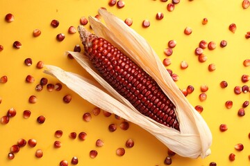 Ripe red corn cob and kernels on yellow background, flat lay