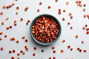 Ripe red corn kernels and bowl on grey background, flat lay