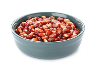 Ripe red corn kernels in bowl isolated on white