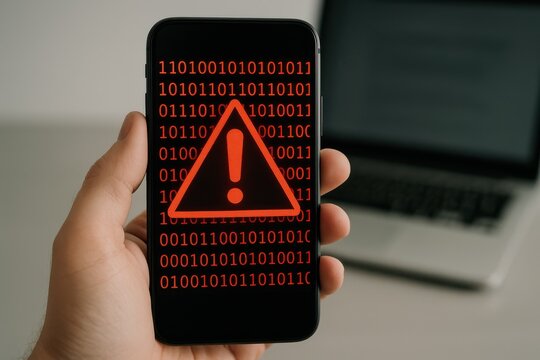 Alert Notification on Smartphone Displaying Warning Signal with Binary Code Background for Cybersecurity Themes - Powered by Adobe