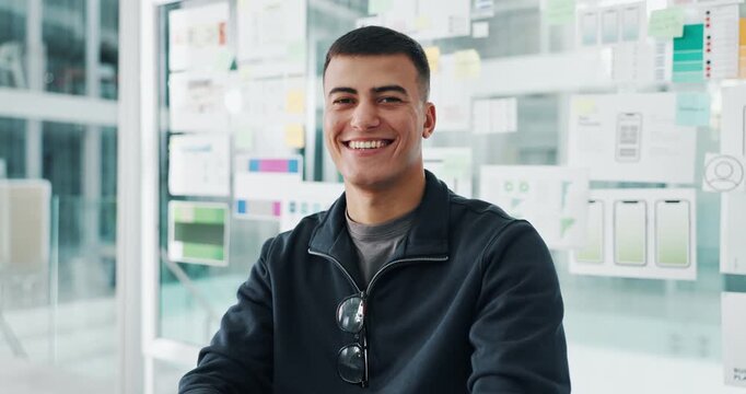 Creative, agency and face of man in office for ui designer career, opportunity and website. Computer, startup and portrait of person with documents, layout and ideas for mobile app development