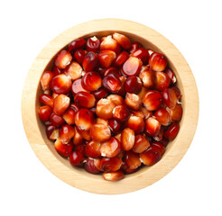 Ripe red corn kernels in bowl isolated on white, top view