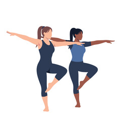 illustration of two women doing gymnastics together. isolated on a white background.