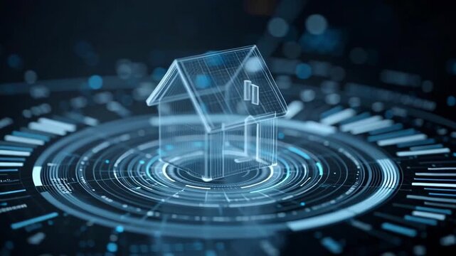 Digital mortgage process concept featuring futuristic house hologram, technology interface, data visualization, and finance innovation for efficient