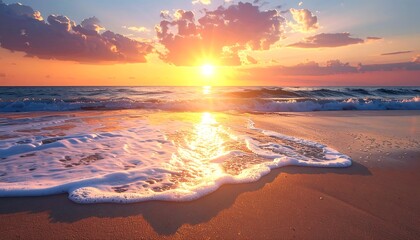 Stunning beach scene at sunset, with golden sunlight reflecting on the ocean and wet sand. Clouds glow, creating vibrant colors