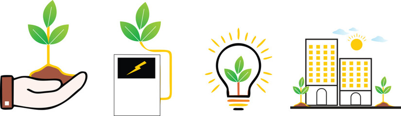 Eco-Friendly Energy and Sustainability Icons – Green Technology, Renewable Energy, and Environmental Innovation Concepts