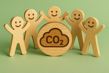 Happy wooden figures surrounding CO2 symbol on green background representing climate action and environmental awareness