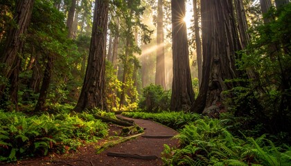Fototapeta premium Sunlight streams through a lush forest, illuminating a winding path amidst towering trees and vibrant greenery