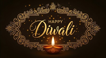 Happy Diwali illustration with a lit diya lamp inside an ornate golden frame on a dark background.