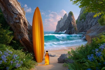 A wooden surfboard on the ocean shore. Generative AI