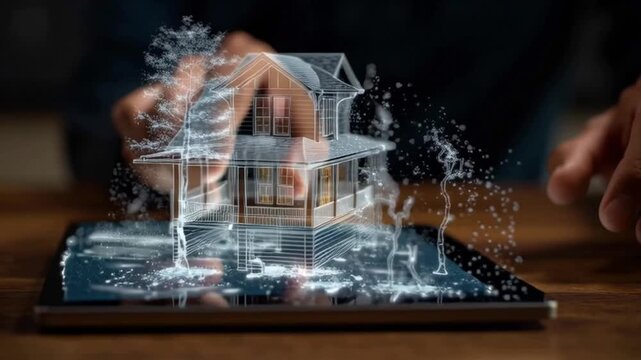 Digital mortgage process visualized with futuristic house hologram and model on tablet device, showcasing innovation and technology in real estate