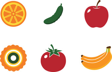 Collection of colorful fresh fruits and vegetables including an orange slice cucumber apple carrot tomato and bananas
