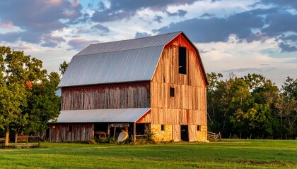 Obraz premium Rustic weathered wooden barn in the countryside stands bathed in warm sunlight with a backdrop of a cloudy, colorful sky