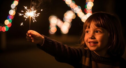 A young girl smiles while holding a lit sparkler against a dark background with colorful blurred lights.