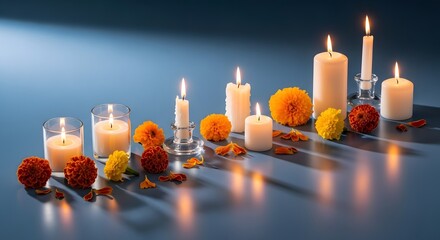 Lit candles of various sizes and marigold flowers arranged on a blue surface, creating a warm and celebratory atmosphere.