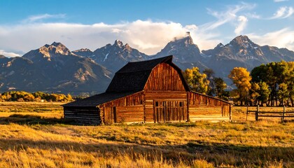 Rustic wooden barn set in a golden field against a backdrop of majestic, snow-capped mountain peaks under a partly cloudy sky at sunset