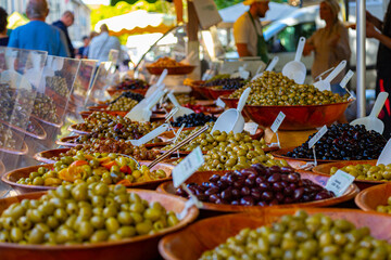 Olive selection on sale at a weekly market in the South of France