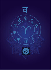 Throat Chakra Alignment: Aries Mandala with Planetary Orbit. A mystical digital artwork blending astrology and energy healing. At the center is the Aries zodiac symbol, surrounded by a circular orbit
