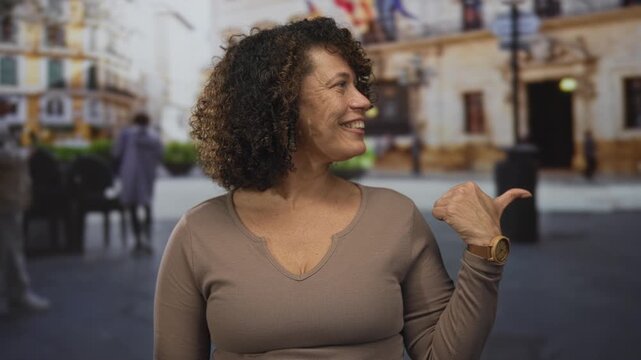 Middle aged hispanic woman wearing wooden watch pointing thumb on busy city street; playful invitation.