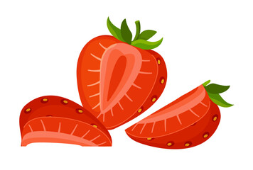 Sliced ​​strawberries into several parts. Halved and quartered berries. Hand drawn trendy flat style isolated on transparent background. for stickers, menus, apps, posters, design. Vector illustration