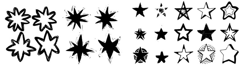 Black crayon hand drawn stars set. Childish doodled sparks and sparkles collection. Grunge rough brush stroke shine element pack for collage, poster, sticker. Kid sketched wax pencil symbols.