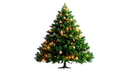 Surreal Christmas tree, beautifully decorated, with glowing ornaments, isolated on transparent background, PNG