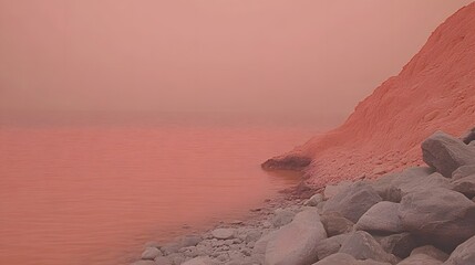 Surreal orange seascape with rocky shore and hazy sky, dreamlike atmosphere