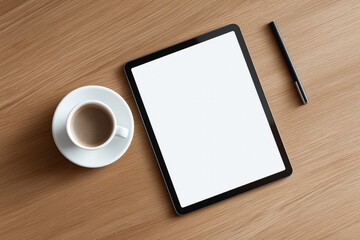 ナチュラルデスクに置かれたタブレットとコーヒーカップ
