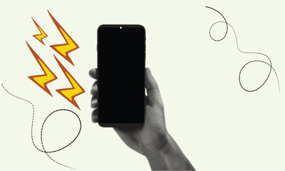 Minimalist hand holding smartphone with blank screen and abstract lightning energy lines symbolizing technology and power