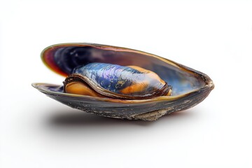 The white background against which the large freshwater mussel, known as the swan mussel, stands out.