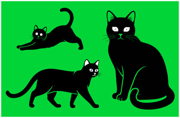  Set of Three Black Cat Silhouettes with Glowing Eyes on Neon Green Background
