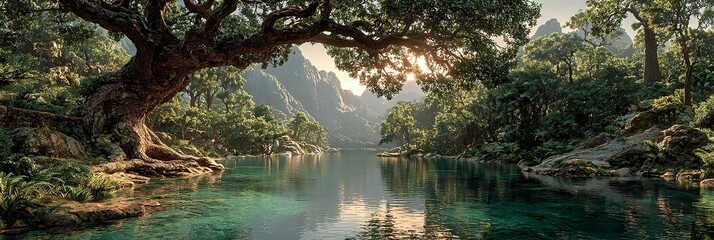 romantic summer landscape with lake mountains and the world tree, mystical yggdrasil tree of life in a serene summer paradise, phantastic landscape of the ancient norse world tree by the lake