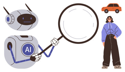 Robot labeled AI holding magnifying glass observing a person and a car. Ideal for technology, AI, analysis, behavior study, automation, digital innovation, simple flat metaphor