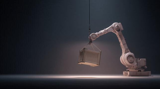 Advanced robotic arm precisely lifting cargo container in modern industrial setting showcasing automated logistics efficiency