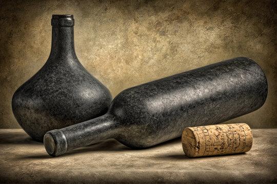 a blank wine bottle with a cork, placed against a neutral background. on the elegance of the bottle's shape and the natural texture of the cork.