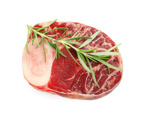 Piece of raw beef meat and rosemary isolated on white, top view