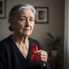 Grave senior woman holding a red ribbon