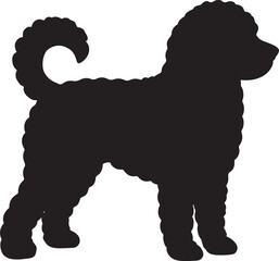 Black silhouette of a curly haired dog standing profile view