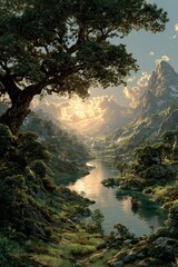romantic summer landscape with lake mountains and the world tree, mystical yggdrasil tree of life in a serene summer paradise, phantastic landscape of the ancient norse world tree by the lake