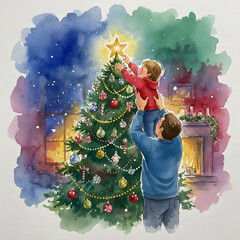 Father and child putting a star on a Christmas tree